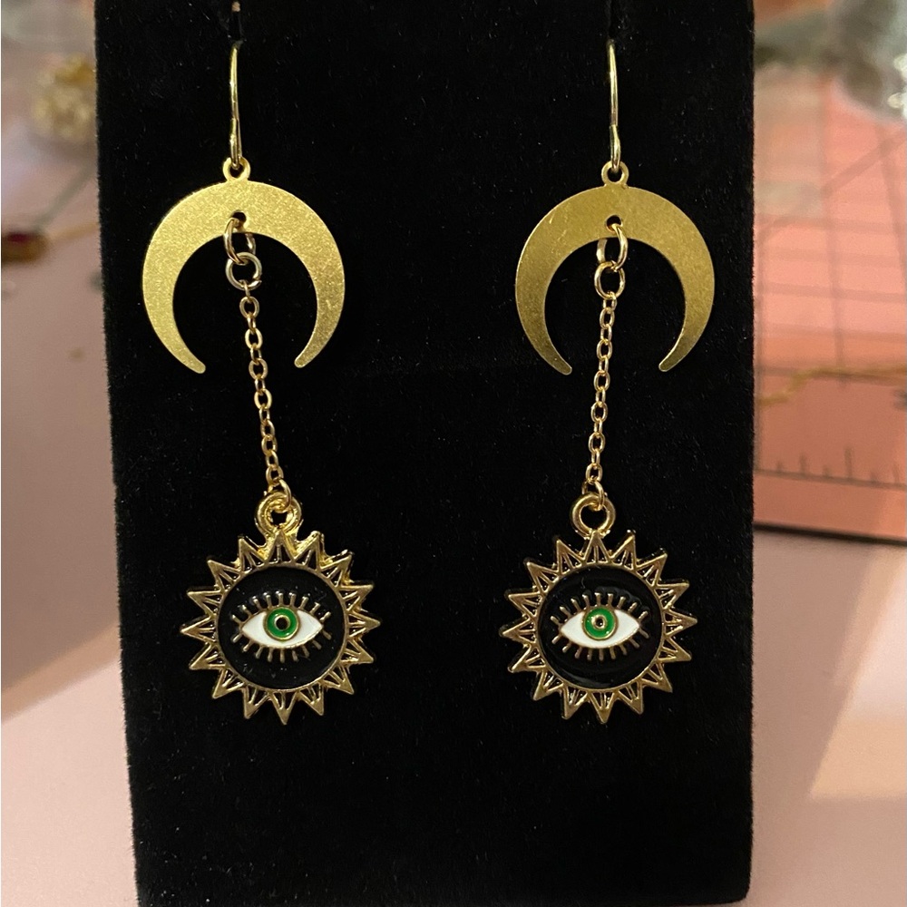 Gold Crescent Eye Dangle Earrings